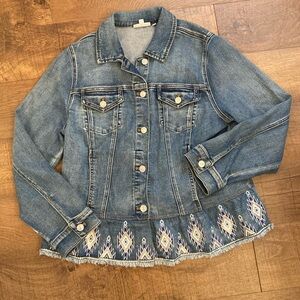 Chico's Denim Jacket with Embroidered Sequin Ruffle Hem Chico Size 2 Women’s L